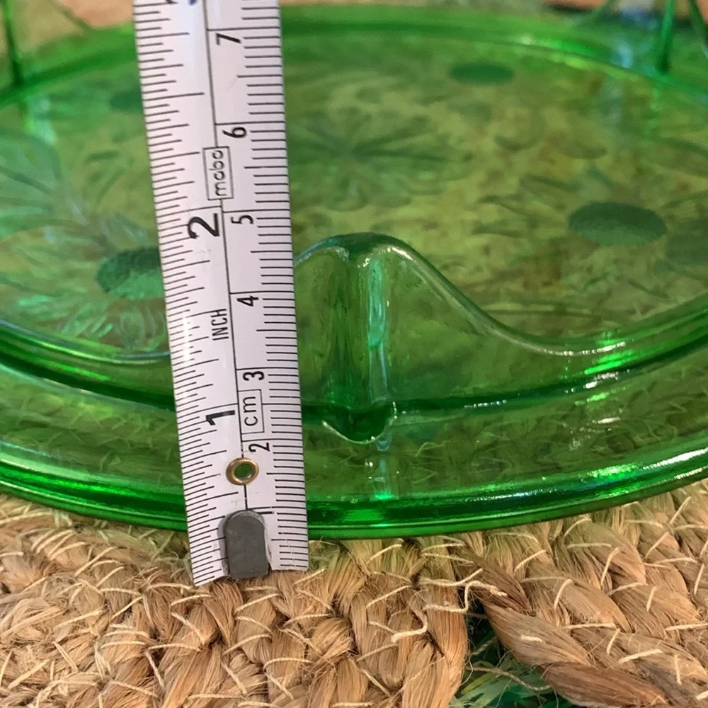 Vintage Jeanette GREEN cake stand plate, floral pattern, depression glass, EUC